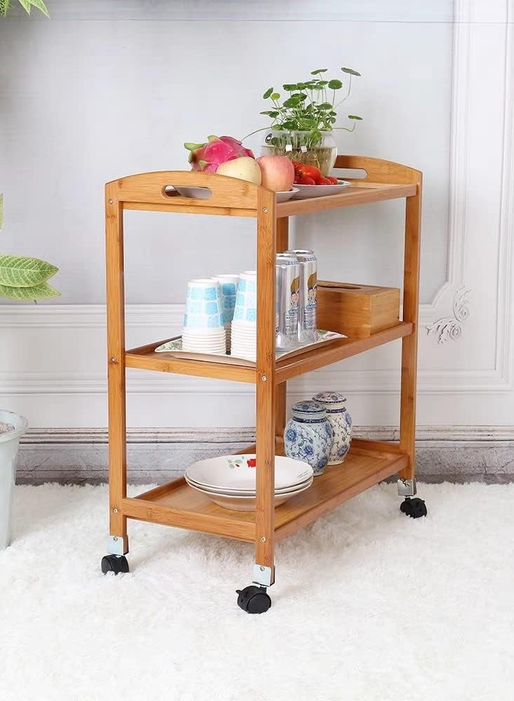 HOME TASTE Wooden Storage Cart with Four Lockable Wheels Kitchen Cart 3 Tier Rolling Cart Storage Organizer Shelf Multifunctional Utility Cart for Living Room, Bathroom, Kitchen, Laundry Room - Image 1