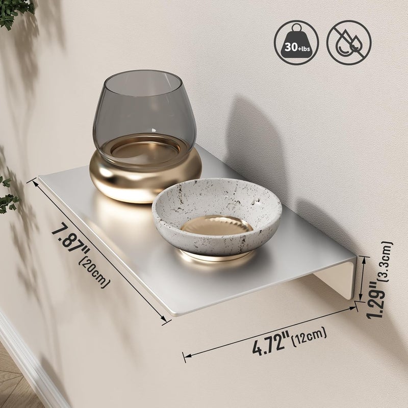 Danpoo Small Floating Shelf for Wall Storage, Mini Display Shelf for Collectibles, Metal Wall Shelf for Bathroom/Living Room/Kitchen/Bedroom(Silver, 8") - Image 3