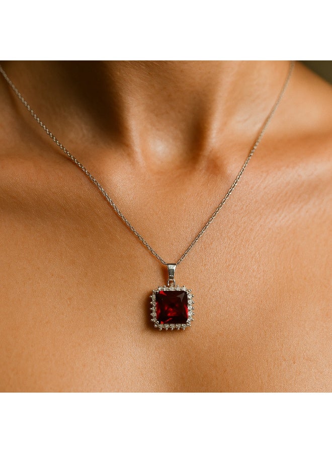 3Diamonds Silver-Colored Square Pendant Necklace with Red Zircon Stone, Platinum & Rhodium Plated - Image 5