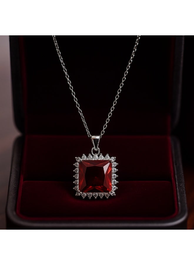 3Diamonds Silver-Colored Square Pendant Necklace with Red Zircon Stone, Platinum & Rhodium Plated - Image 1