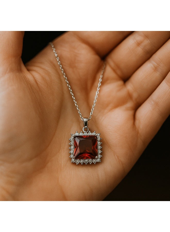3Diamonds Silver-Colored Square Pendant Necklace with Red Zircon Stone, Platinum & Rhodium Plated - Image 3