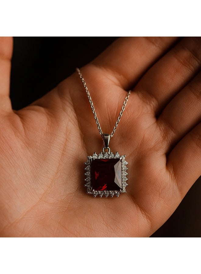 3Diamonds Silver-Colored Square Pendant Necklace with Red Zircon Stone, Platinum & Rhodium Plated - Image 4