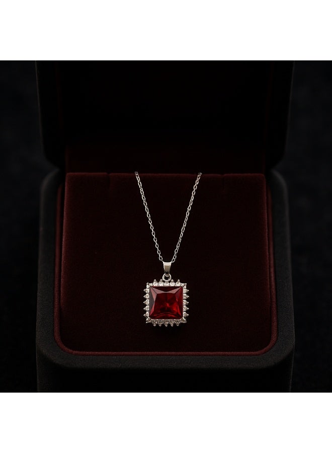 3Diamonds Silver-Colored Square Pendant Necklace with Red Zircon Stone, Platinum & Rhodium Plated - Image 2