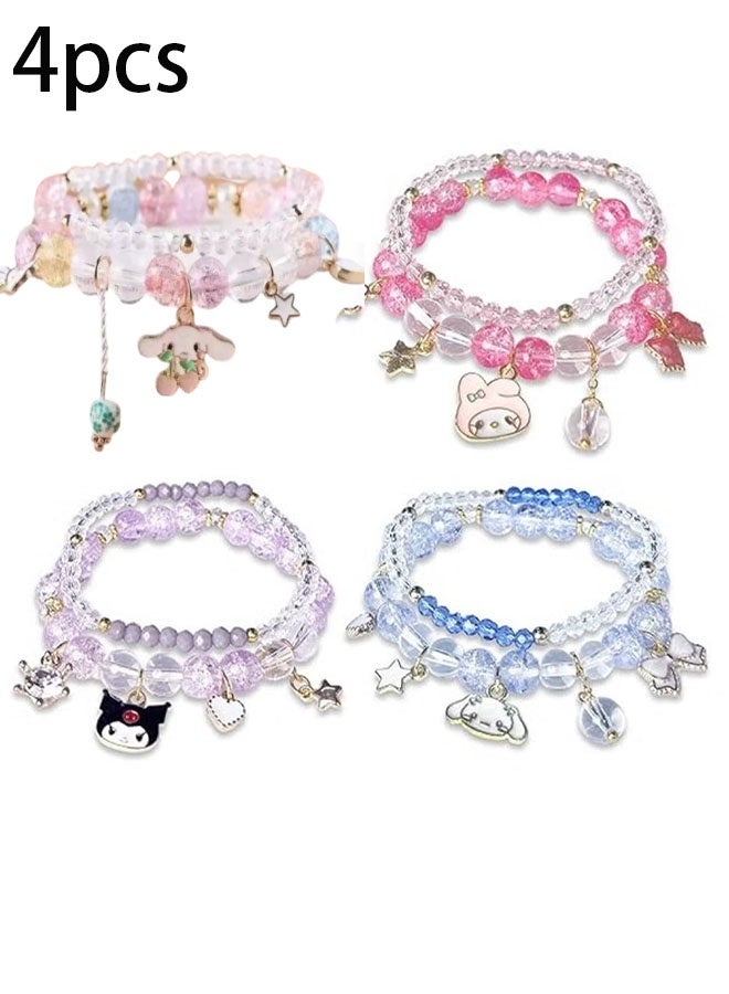 4 Pieces Crystal Bracelets Cartton Pendant Kawaii Pearl Cute Cartoon Elastic Beaded Bracelets Cartoon Themed Pendant Bracelets Gift for Teen Girls Kids - Image 1
