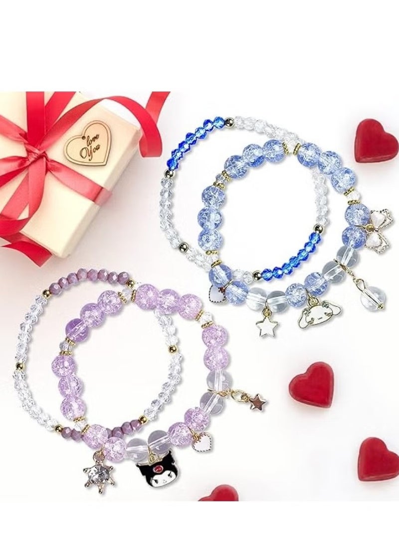 4 Pieces Crystal Bracelets Cartton Pendant Kawaii Pearl Cute Cartoon Elastic Beaded Bracelets Cartoon Themed Pendant Bracelets Gift for Teen Girls Kids - Image 2