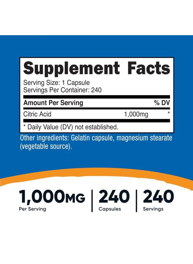 Nutricost Citric Acid 1000mg (1 gram), 240 Capsules - Gluten Free, Non-GMO - Image 2