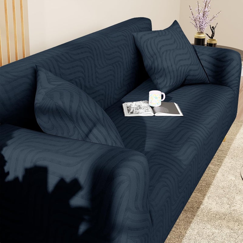 Lukzer غطاء أريكة جاكار عالمي 3 مقاعد من لوكزر مع 2 غطاء وسادة لمسة ناعمة مرنة قابلة للتمدد (نمط خطوط متموجة زرقاء بحرية باهتة/SC-166-03/180-230 سم) (220 غرام لكل متر مربع) - Image 1