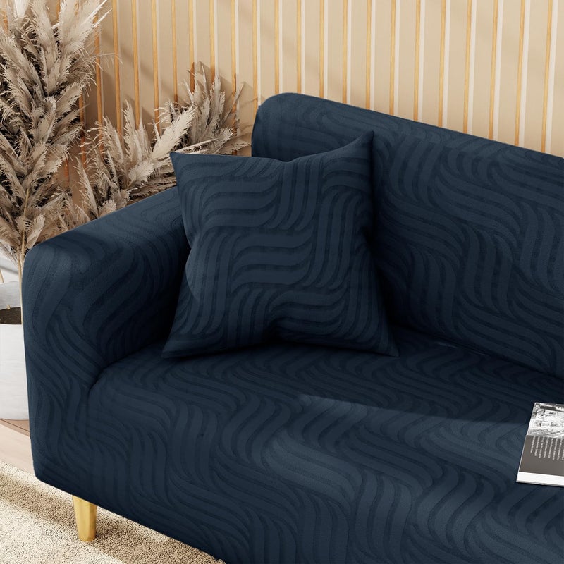 Lukzer غطاء أريكة جاكار عالمي 3 مقاعد من لوكزر مع 2 غطاء وسادة لمسة ناعمة مرنة قابلة للتمدد (نمط خطوط متموجة زرقاء بحرية باهتة/SC-166-03/180-230 سم) (220 غرام لكل متر مربع) - Image 5