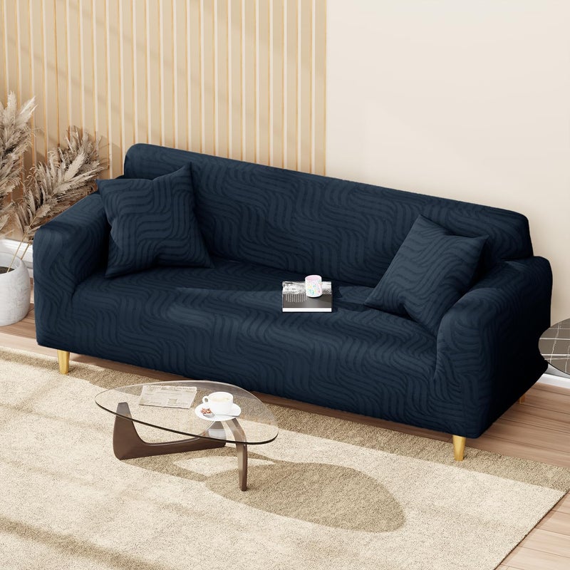 Lukzer غطاء أريكة جاكار عالمي 3 مقاعد من لوكزر مع 2 غطاء وسادة لمسة ناعمة مرنة قابلة للتمدد (نمط خطوط متموجة زرقاء بحرية باهتة/SC-166-03/180-230 سم) (220 غرام لكل متر مربع) - Image 3