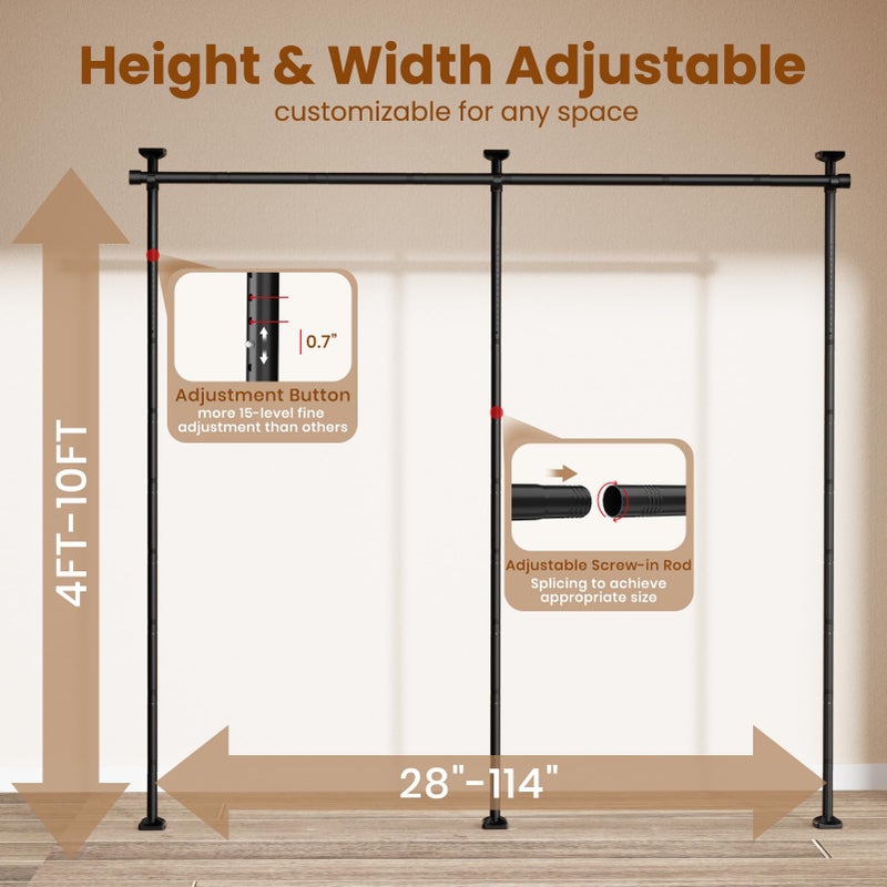 Bonpally Room Divider Curtain Rod, No Drilling Tension Rod for Room Separation, 4-10ft(H) 28-114inch(W) Adjustable Heavy Duty Floor to Ceiling Wall Divider Room Partition Privacy Separator, Black - Image 2