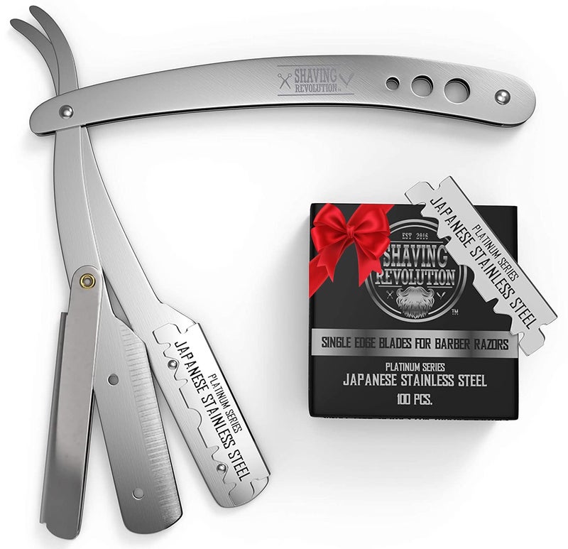 SHAVING REVOLUTION Straight Edge Barber Razor for Close Shaving - Professional Straight Blade Razor for Men with 100 Single Edge Blades- Mens Straight Razor Kit - Image 1