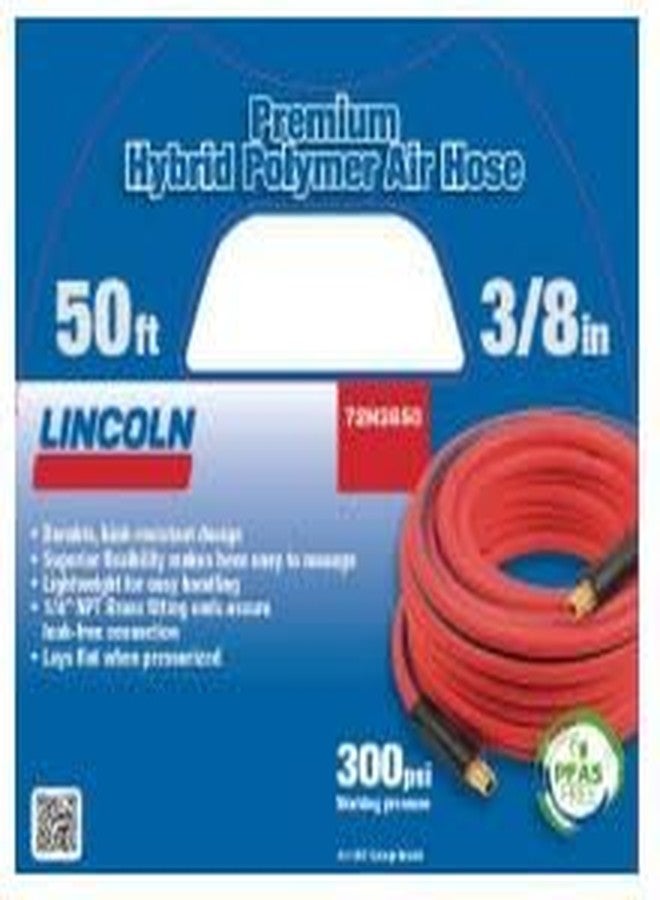 Lincoln 72H3850 50' x 3/8" ID Air/Water Hybrid Polymer Replacement Hose for 83753 Reel, 1/4" NPT Male Leak-free Brass Fittings, Kink Resistant, Meets PFAS-Free Regulations, UV Protective, Red/Black