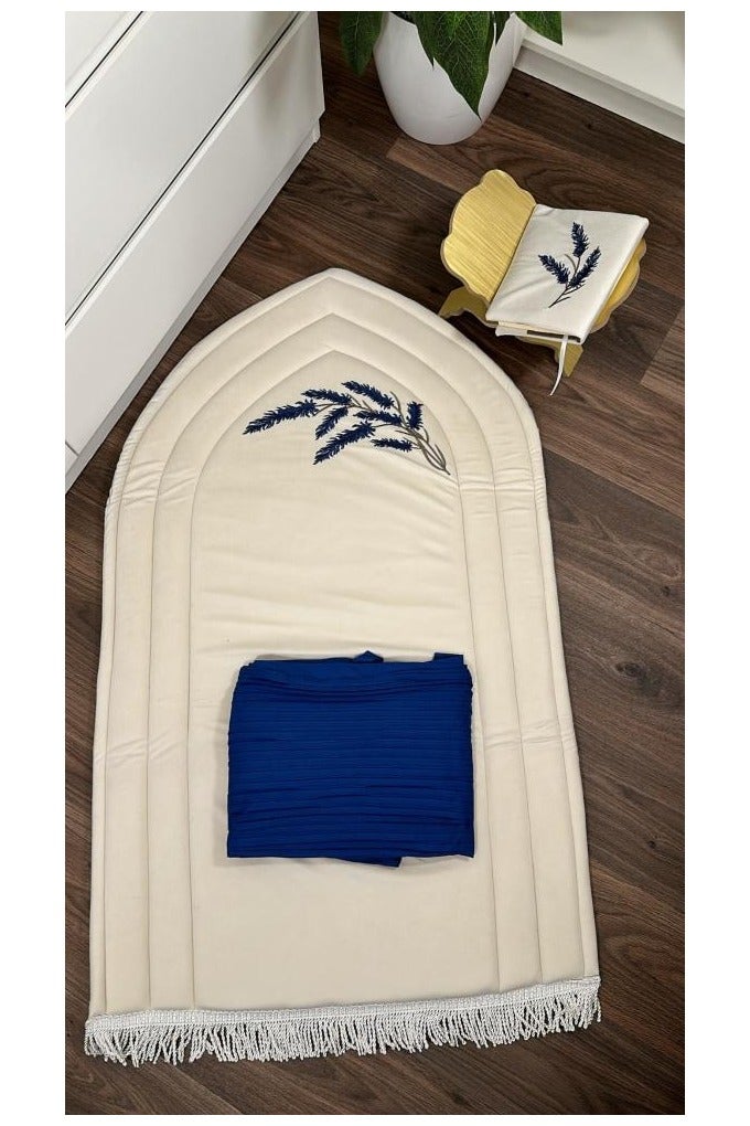 Prayer mat set with pleated side tie - Navy/Cream - Image 2
