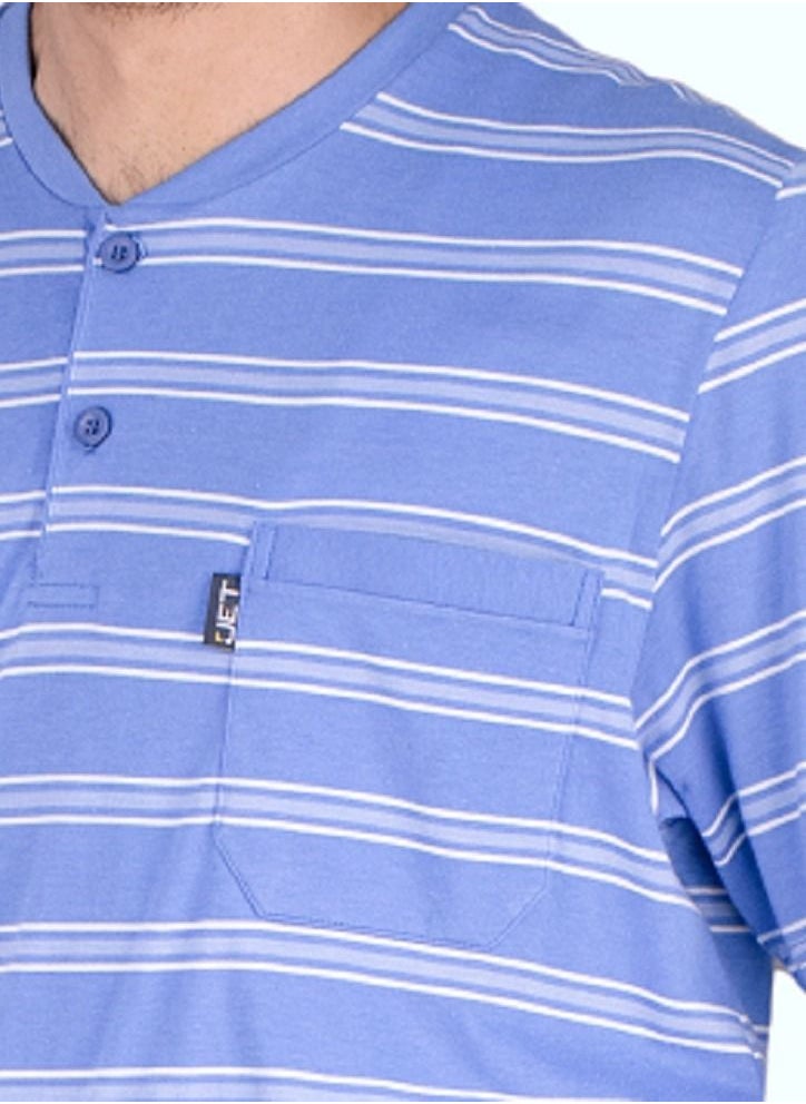 Jet - Jet Men Summer Pajama Set Striped Top-Round Neck-Plain Bermuda-Blue Sky - Image 1