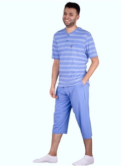 Jet Men Summer Pajama Set Striped Top-Round Neck-Plain Bermuda-Blue Sky