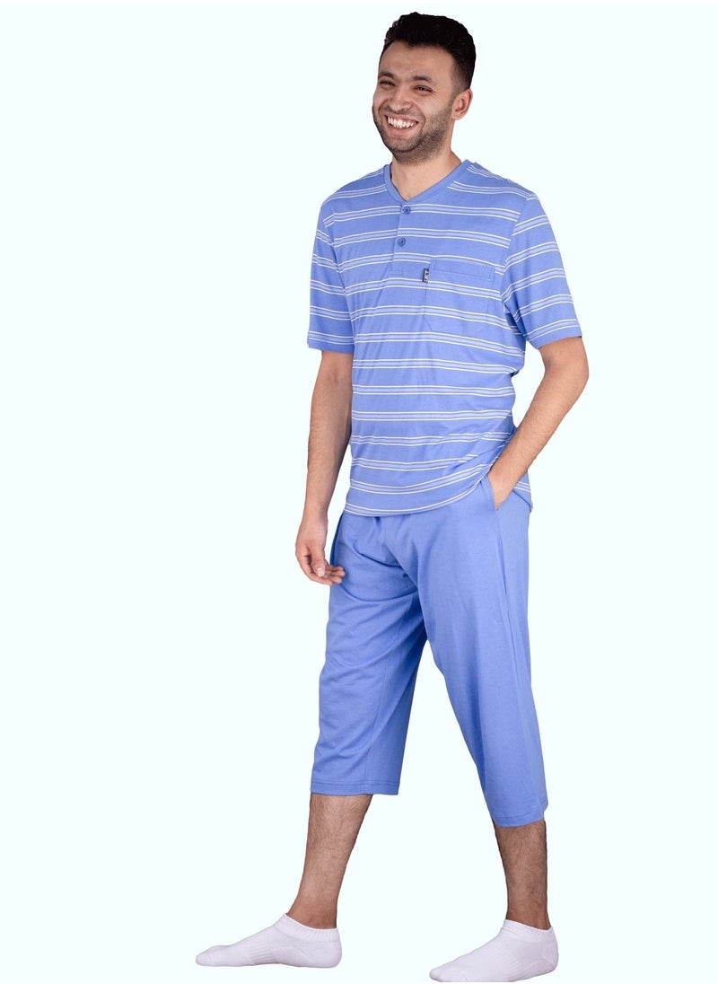 Jet - Jet Men Summer Pajama Set Striped Top-Round Neck-Plain Bermuda-Blue Sky - Image 1