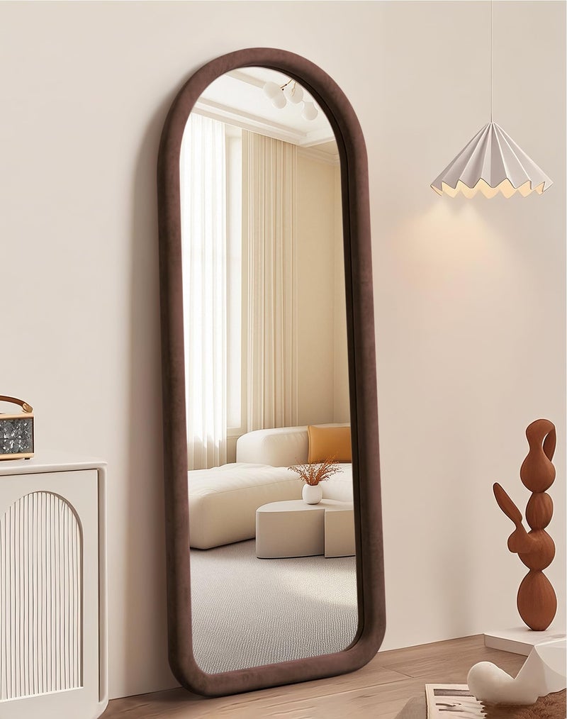 Delma Arched Full Length Mirror, Free Standing Floor Velvet Finish Frame Mirror for Leaning or Hanging, Soft Touch Bedroom & Living Room Decor, Brown - Image 1