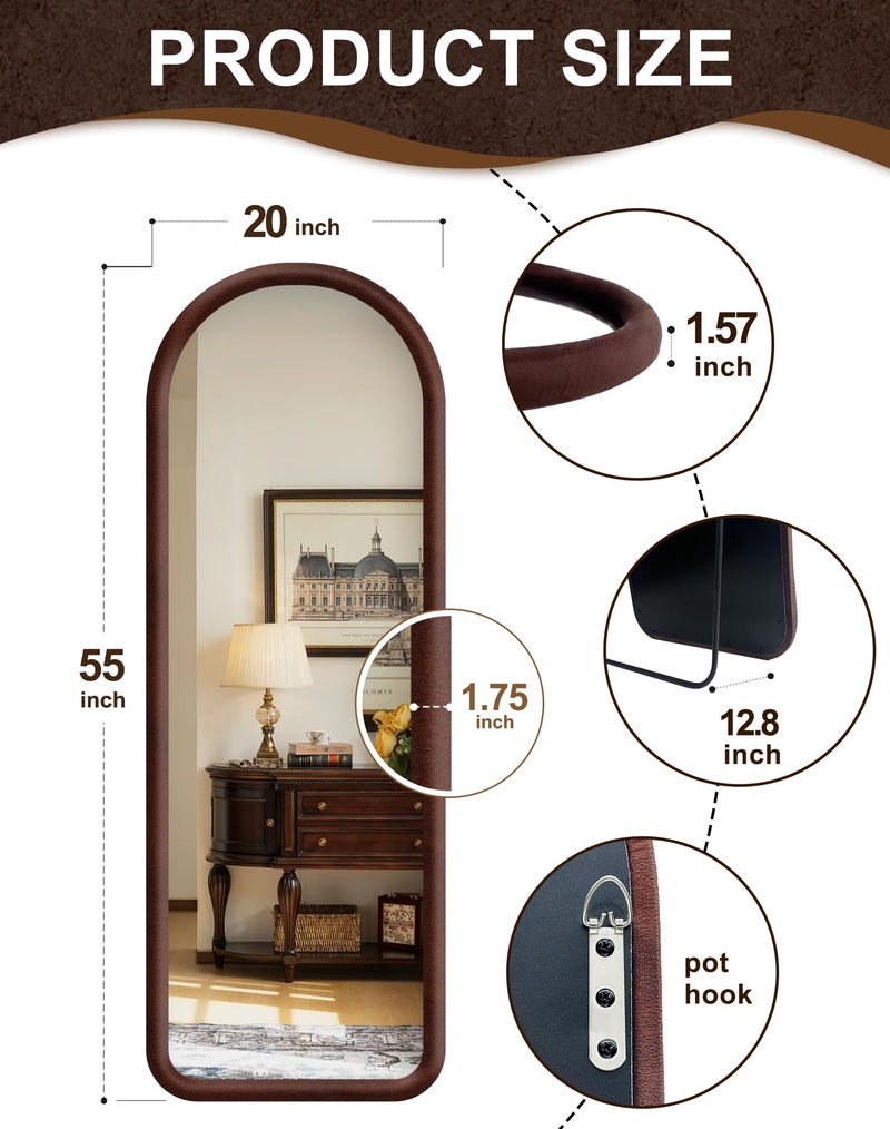Delma Arched Full Length Mirror, Free Standing Floor Velvet Finish Frame Mirror for Leaning or Hanging, Soft Touch Bedroom & Living Room Decor, Brown - Image 2