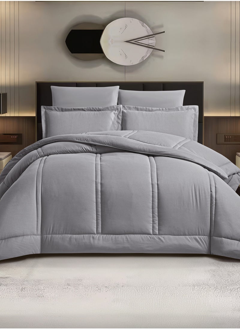 Bedding Comforter Set King Size, 6-Pcs Bed Set Fits 200x200 Cms -Hotel Striped  Bedding Set-All Season- Brushed Microfiber (طقم مفرش سرير فندقي)