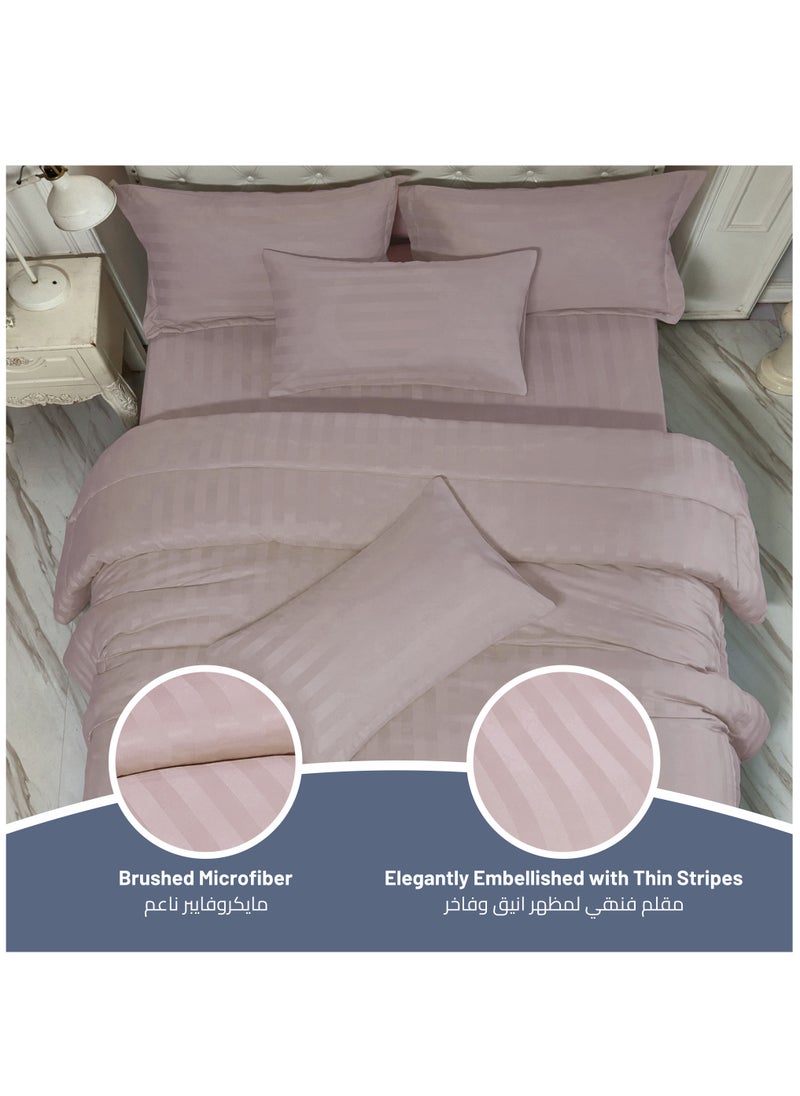 Donetella - Comforter Set 6-Pcs King Size(200x200 Cm) Damask Striped All Season Brushed Microfiber Double Bed Set With Down Alternative Filling,Lavender - Image 1