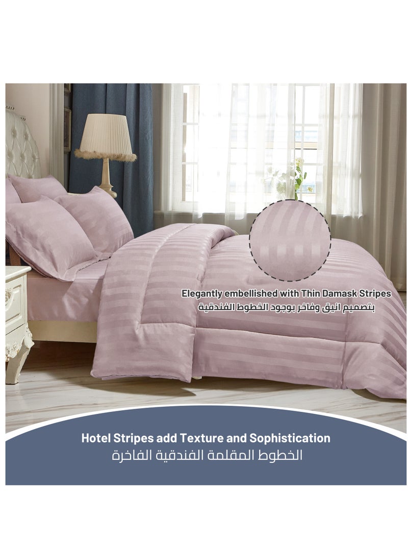 Donetella - Comforter Set 6-Pcs King Size(200x200 Cm) Damask Striped All Season Brushed Microfiber Double Bed Set With Down Alternative Filling,Lavender - Image 1