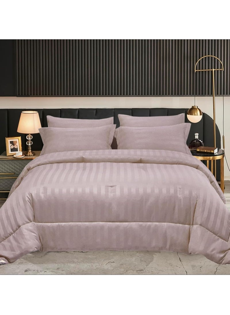 Donetella - Comforter Set 6-Pcs King Size(200x200 Cm) Damask Striped All Season Brushed Microfiber Double Bed Set With Down Alternative Filling,Lavender - Image 1