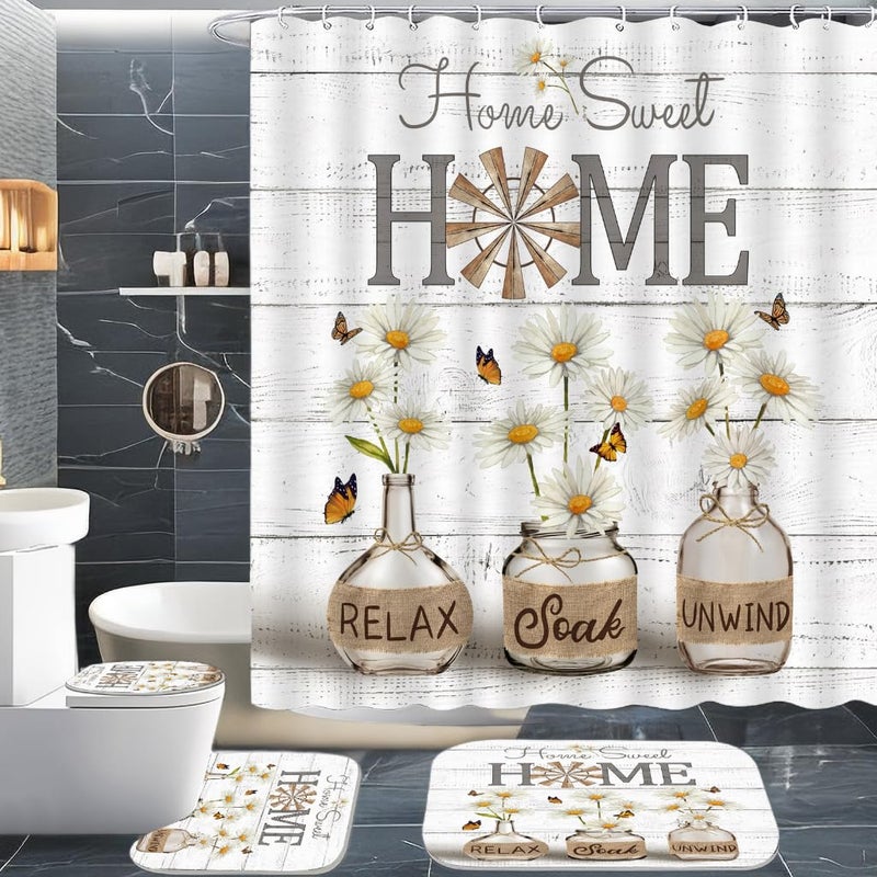 ALEXEX 4 PCS White Daisy Shower Curtain Sets,Home Sweet Bathroom Set with Shower Curtain and Rugs and Accessories,Farmhouse Country Shower Curtain Bathroom Decor with 12 Hooks,72 X 72 Inches - Image 1