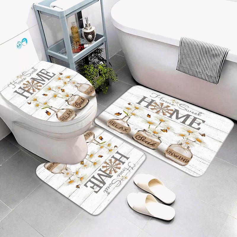 ALEXEX 4 PCS White Daisy Shower Curtain Sets,Home Sweet Bathroom Set with Shower Curtain and Rugs and Accessories,Farmhouse Country Shower Curtain Bathroom Decor with 12 Hooks,72 X 72 Inches - Image 4