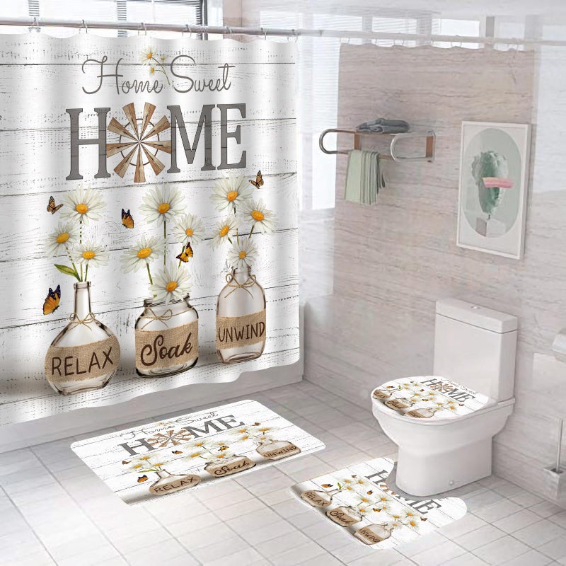 ALEXEX 4 PCS White Daisy Shower Curtain Sets,Home Sweet Bathroom Set with Shower Curtain and Rugs and Accessories,Farmhouse Country Shower Curtain Bathroom Decor with 12 Hooks,72 X 72 Inches - Image 3