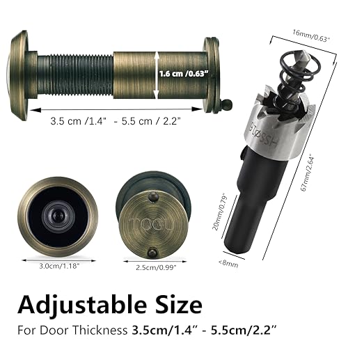 TOGU 220-degree Solid Brass Peep Holes for Door with 16mm Drill Bit, 0.63 inch Door Peephole with Privacy, Compatible with Door Thick from 1-3/8" to 2-1/6", Antique Bronze Finish - Image 3