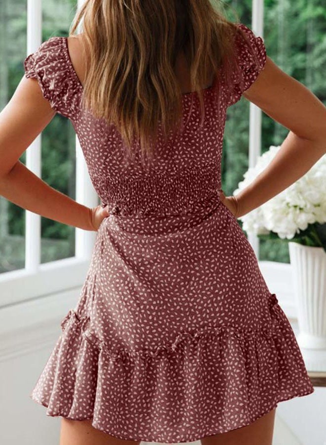 YOBECHO Womens Summer Ruffle Sleeve Sweetheart Neckline Printing Dress Mini Dress, Brick Red, S - Image 3