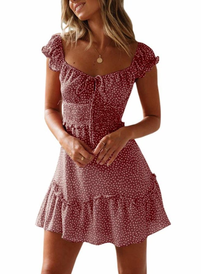YOBECHO Womens Summer Ruffle Sleeve Sweetheart Neckline Printing Dress Mini Dress, Brick Red, S - Image 1