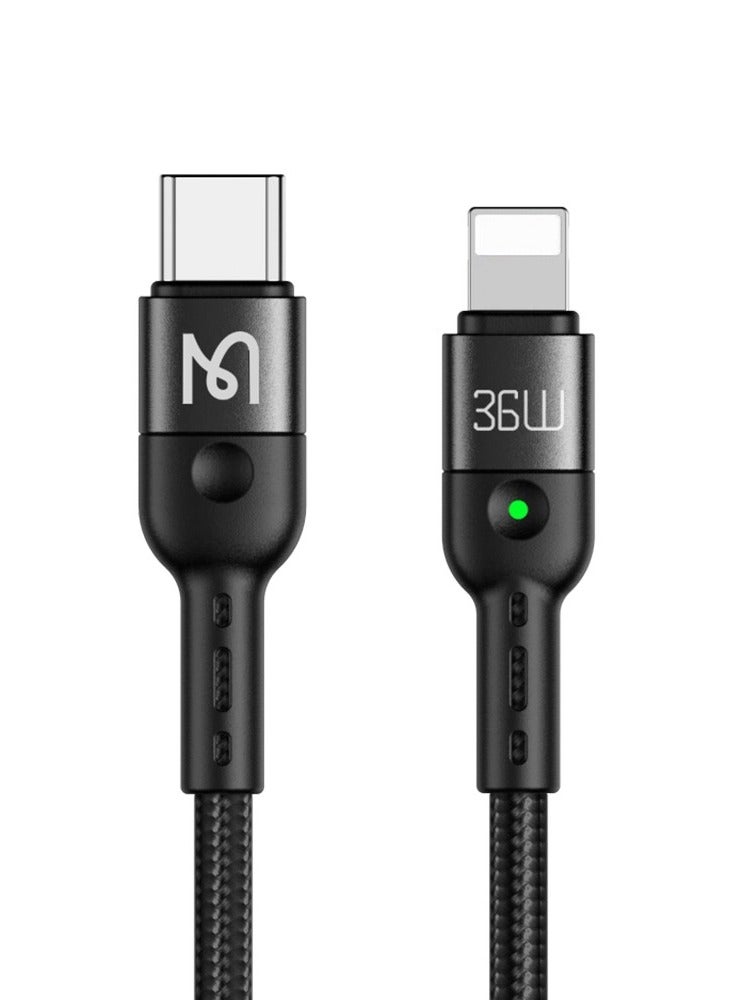 مكدودو كابل شحن سريع CA-196 Omega Series Type-C إلى Lightning كابل مرن يصل طوله إلى 1.8 متر - 36 واط PD مع مؤشر LED - تصميم ملفوف ذكي مثالي للسيارات وتوفير المساحة - شحن 30٪ في 15 دقيقة + نقل بيانات 480 ميجابت في الثانية - متوافق مع سلسلة iPhone 8 إلى 13 - هيكل مضفر من النايلون القوي وشرائح ذكية لحماية الجهاز وتنظيم الطاقة - Image 1