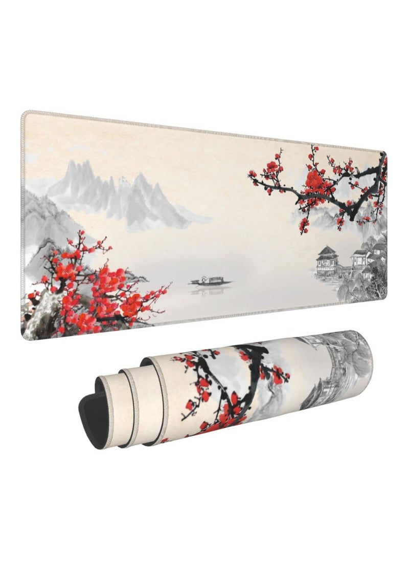 KASTWAVE - Gaming Mouse Pad Black and White Plum Bossom Cherry Blossom, Extended Large Mouse Mat Desk Pad, Stitched Edges Mousepad, Long Non-Slip Rubber Base Mice Pad (31.5x11.8x0.12 Inch, A3) - Image 1