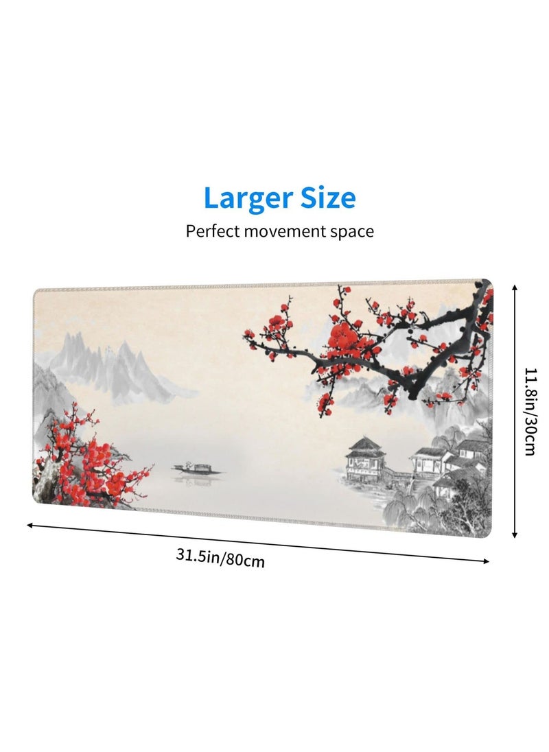 KASTWAVE - Gaming Mouse Pad Black and White Plum Bossom Cherry Blossom, Extended Large Mouse Mat Desk Pad, Stitched Edges Mousepad, Long Non-Slip Rubber Base Mice Pad (31.5x11.8x0.12 Inch, A3) - Image 1