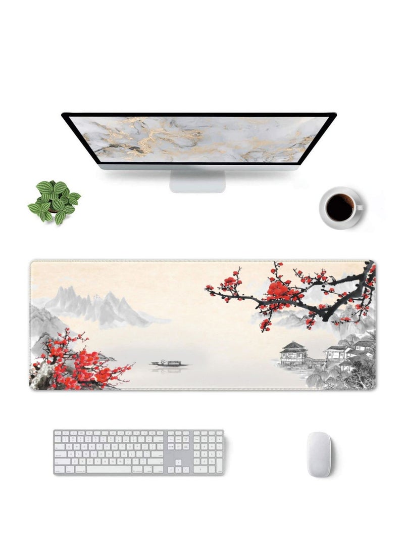 KASTWAVE - Gaming Mouse Pad Black and White Plum Bossom Cherry Blossom, Extended Large Mouse Mat Desk Pad, Stitched Edges Mousepad, Long Non-Slip Rubber Base Mice Pad (31.5x11.8x0.12 Inch, A3) - Image 1
