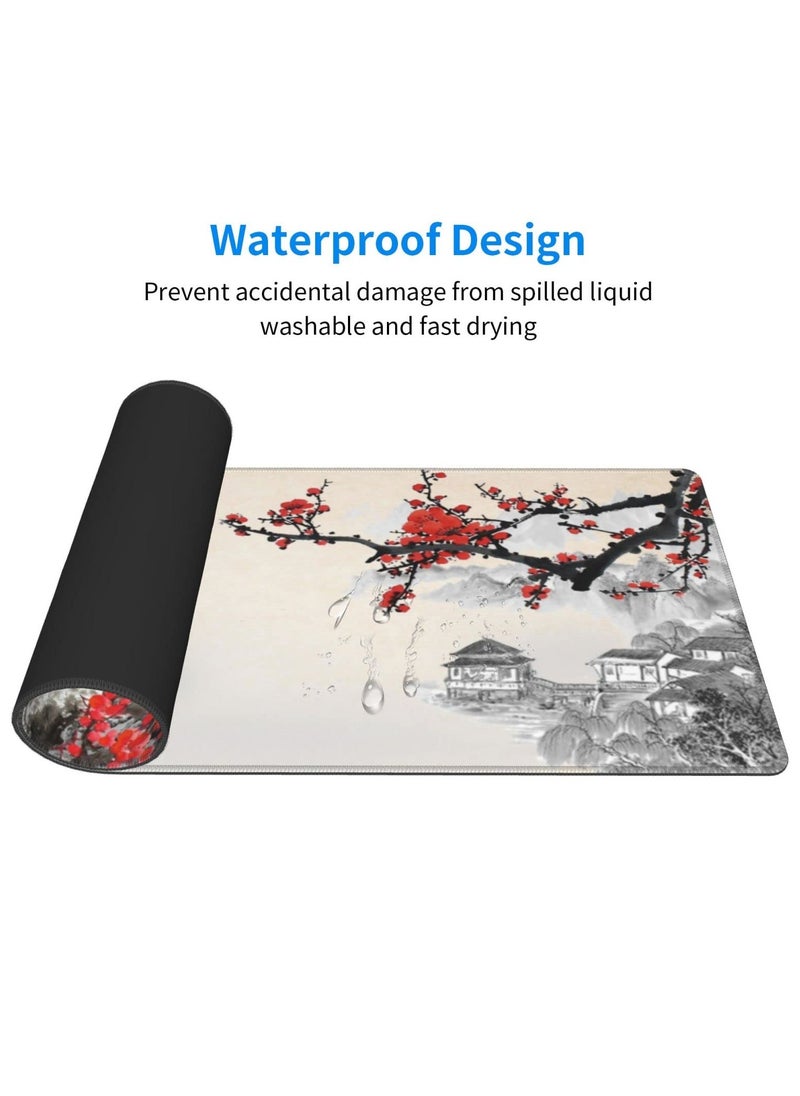 KASTWAVE - Gaming Mouse Pad Black and White Plum Bossom Cherry Blossom, Extended Large Mouse Mat Desk Pad, Stitched Edges Mousepad, Long Non-Slip Rubber Base Mice Pad (31.5x11.8x0.12 Inch, A3) - Image 1