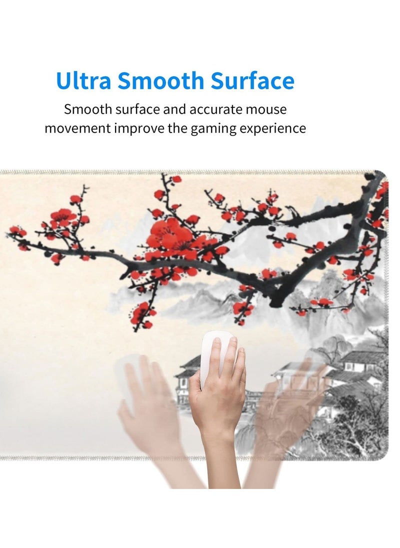KASTWAVE - Gaming Mouse Pad Black and White Plum Bossom Cherry Blossom, Extended Large Mouse Mat Desk Pad, Stitched Edges Mousepad, Long Non-Slip Rubber Base Mice Pad (31.5x11.8x0.12 Inch, A3) - Image 1