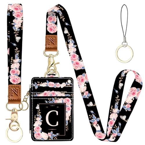 NICCCARD A-Z Letter 2-in-1 ID Badge Holder & Lanyard Wallet for Teachers,Nurse,Professionals-Cute Zippered Coin Pouch,Removable Wristlet & Neck Lanyard,5 Card Slots Stylish Work Essential C - Image 1