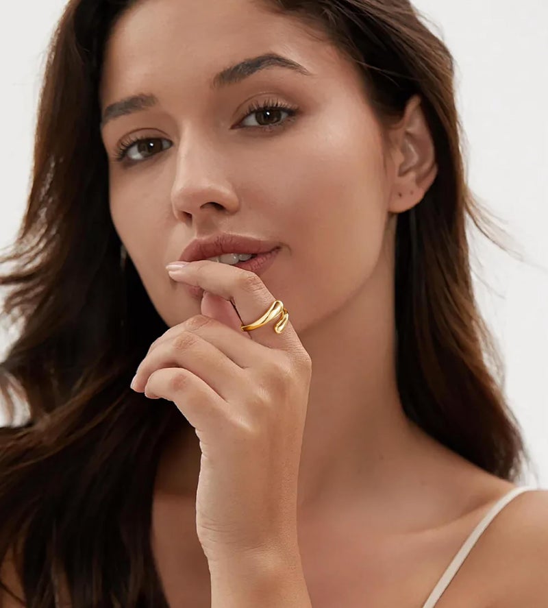 Poxtex Gold Wedding Band Rings for Women Size 9, Adjustable Signet Stainless Steel Statement Rings Gold Jewelry - Image 3