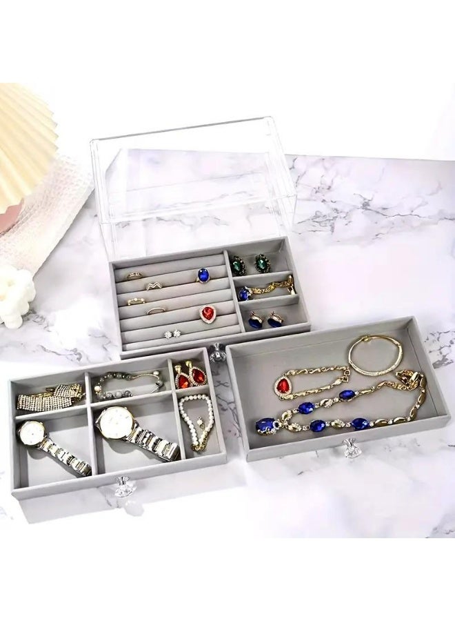 Acrylic Jewelry Organizer Clear Jewelry Box with 3 Drawers, Velvet Stackable Jewelry Box, Multifunctional Jewelry Box for Earrings, Rings, Necklaces, Watches, etc, Gift for Women (Grey) - Image 4
