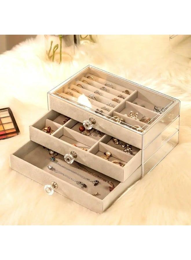 Acrylic Jewelry Organizer Clear Jewelry Box with 3 Drawers, Velvet Stackable Jewelry Box, Multifunctional Jewelry Box for Earrings, Rings, Necklaces, Watches, etc, Gift for Women (Grey) - Image 3