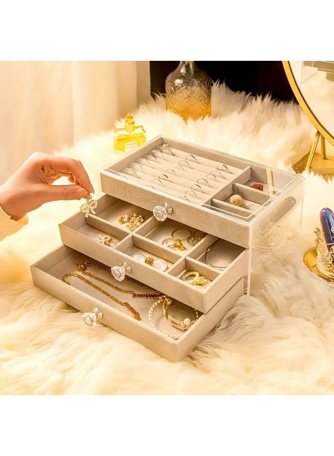 Acrylic Jewelry Organizer Clear Jewelry Box with 3 Drawers, Velvet Stackable Jewelry Box, Multifunctional Jewelry Box for Earrings, Rings, Necklaces, Watches, etc, Gift for Women (Grey) - Image 5