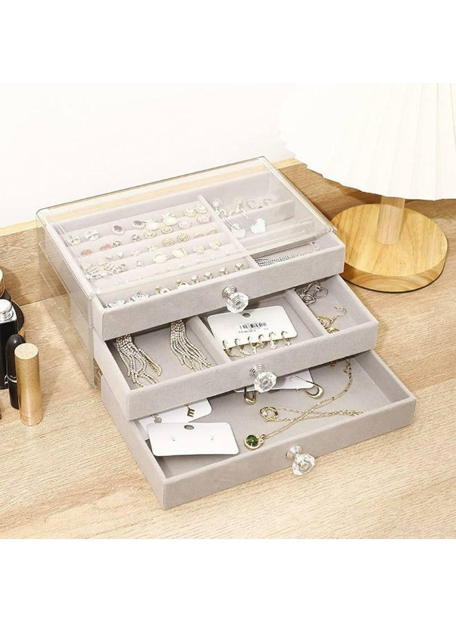 Acrylic Jewelry Organizer Clear Jewelry Box with 3 Drawers, Velvet Stackable Jewelry Box, Multifunctional Jewelry Box for Earrings, Rings, Necklaces, Watches, etc, Gift for Women (Grey) - Image 1