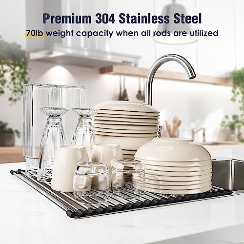 Tomorotec 17.7" x 15.5" Roll Up Dish Drying Rack Over Sink Drying Rack Sink Cover Kitchen Sink Accessories Gadget Multipurpose Organizer Foldable Stainless Steel Drainer - Image 5