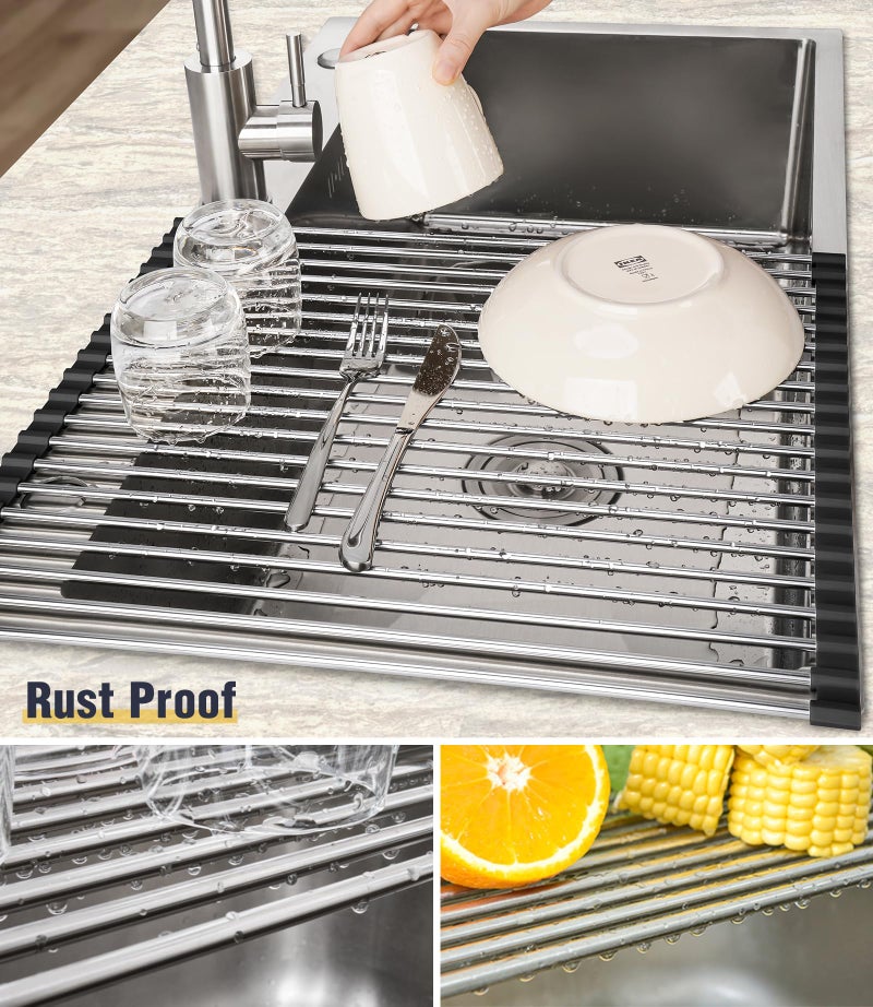 Tomorotec 17.7" x 15.5" Roll Up Dish Drying Rack Over Sink Drying Rack Sink Cover Kitchen Sink Accessories Gadget Multipurpose Organizer Foldable Stainless Steel Drainer - Image 2