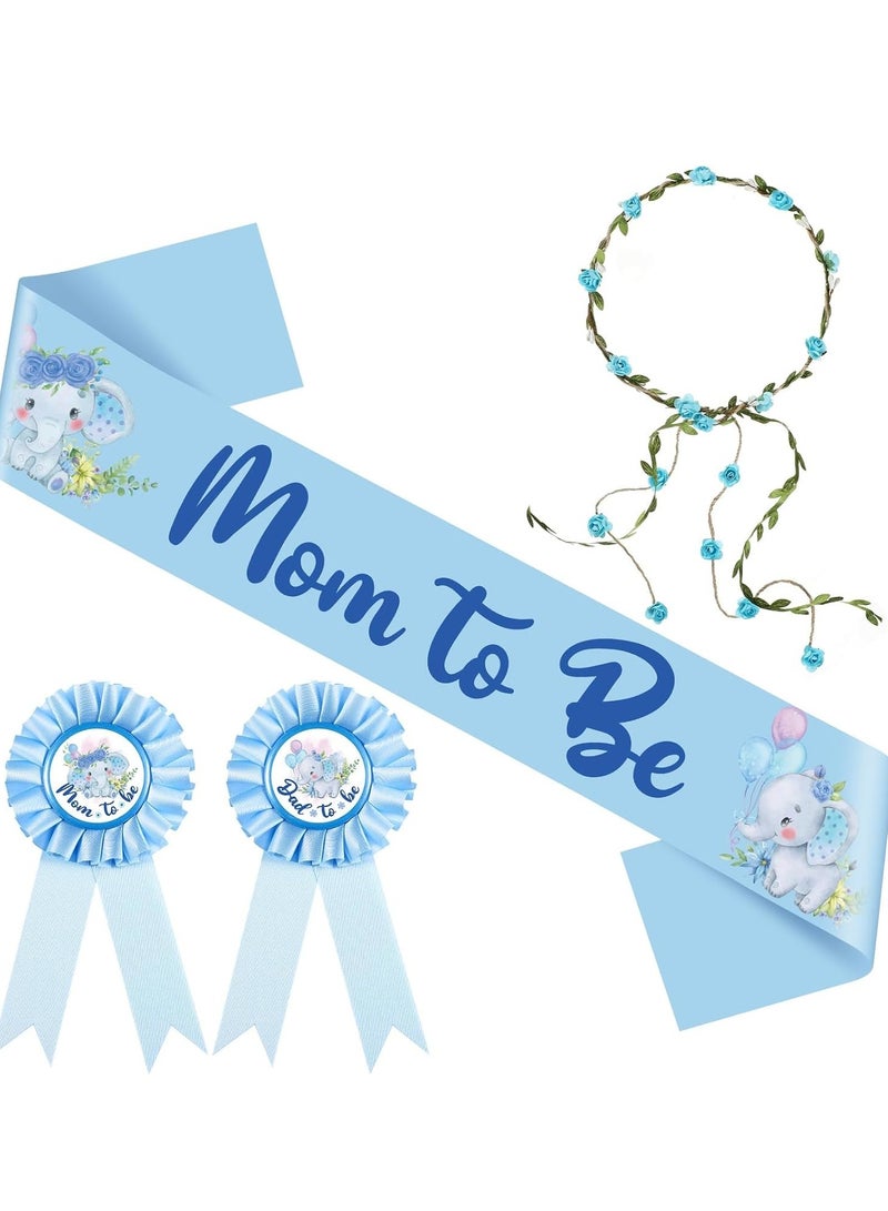 Barakah Elephant Theme Baby Shower Sash Mom to Be and Dad Pin Flower Crown for Gender Reveals Party Favors Decorations Boys Girls Pregnancy Props Gift (Blue) - Image 1