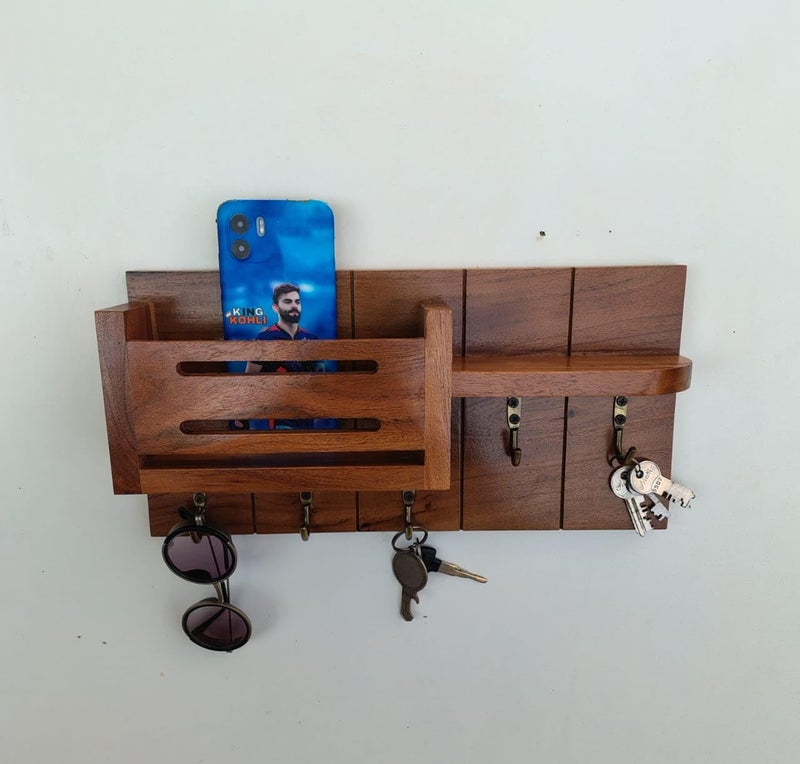 Wooden WallMounted Key Holder with Mobile Stand 3 Shelves 5 Hooks  - Image 3