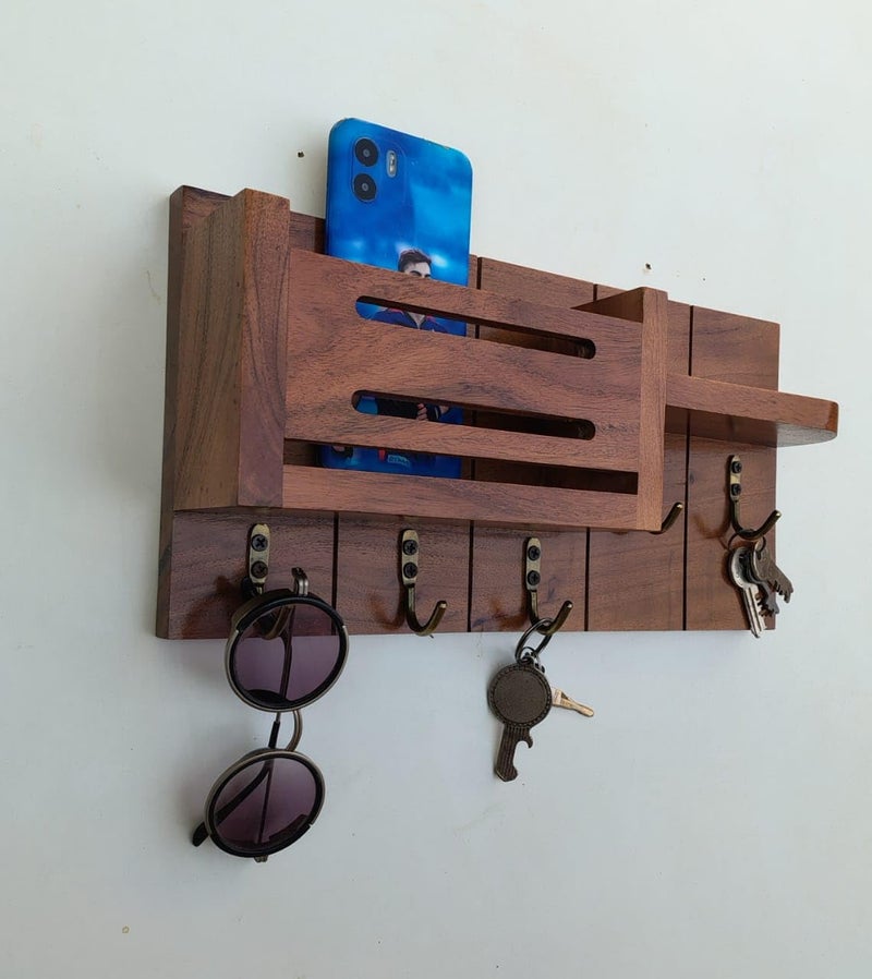 Wooden WallMounted Key Holder with Mobile Stand 3 Shelves 5 Hooks  - Image 4