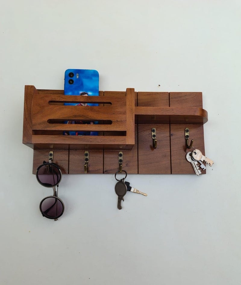 Wooden WallMounted Key Holder with Mobile Stand 3 Shelves 5 Hooks  - Image 2